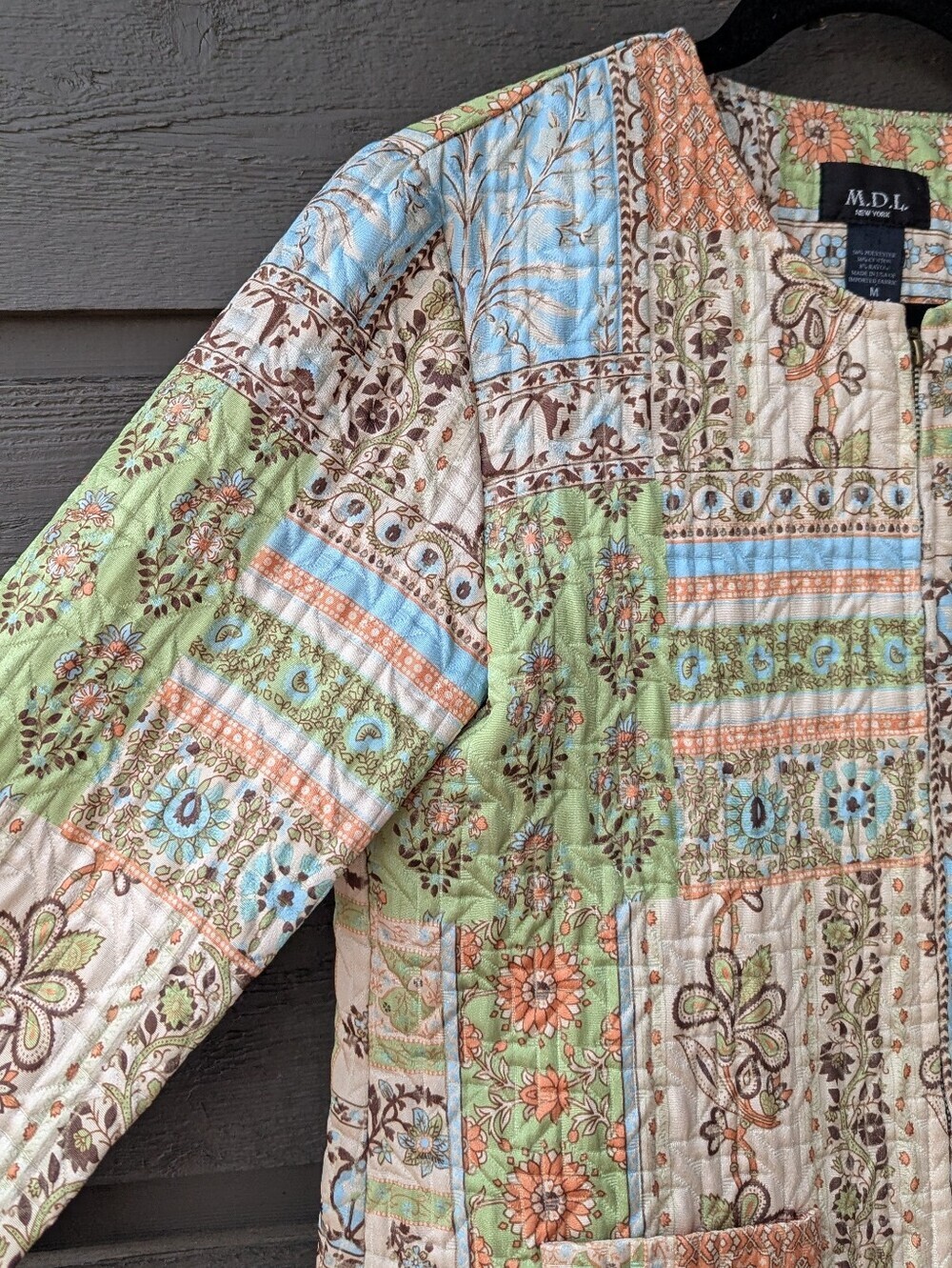 NWOT M.D.L. Multicolor Patchwork Quilted Bomber Jacket Size Medium Zip Front - Picture 2 of 7